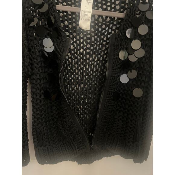 SONIA RYKIEL Women's Black FullZip Sequin Fishnet Mesh Cardigan Whimsygoth Fairy - Picture 7 of 8